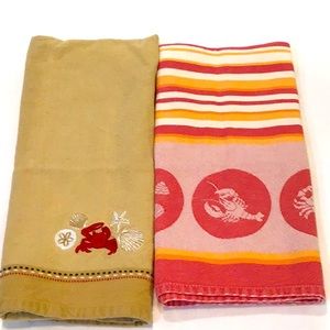 Set of two Embroidered crab, lobster on damask, sealife premium vintage towels